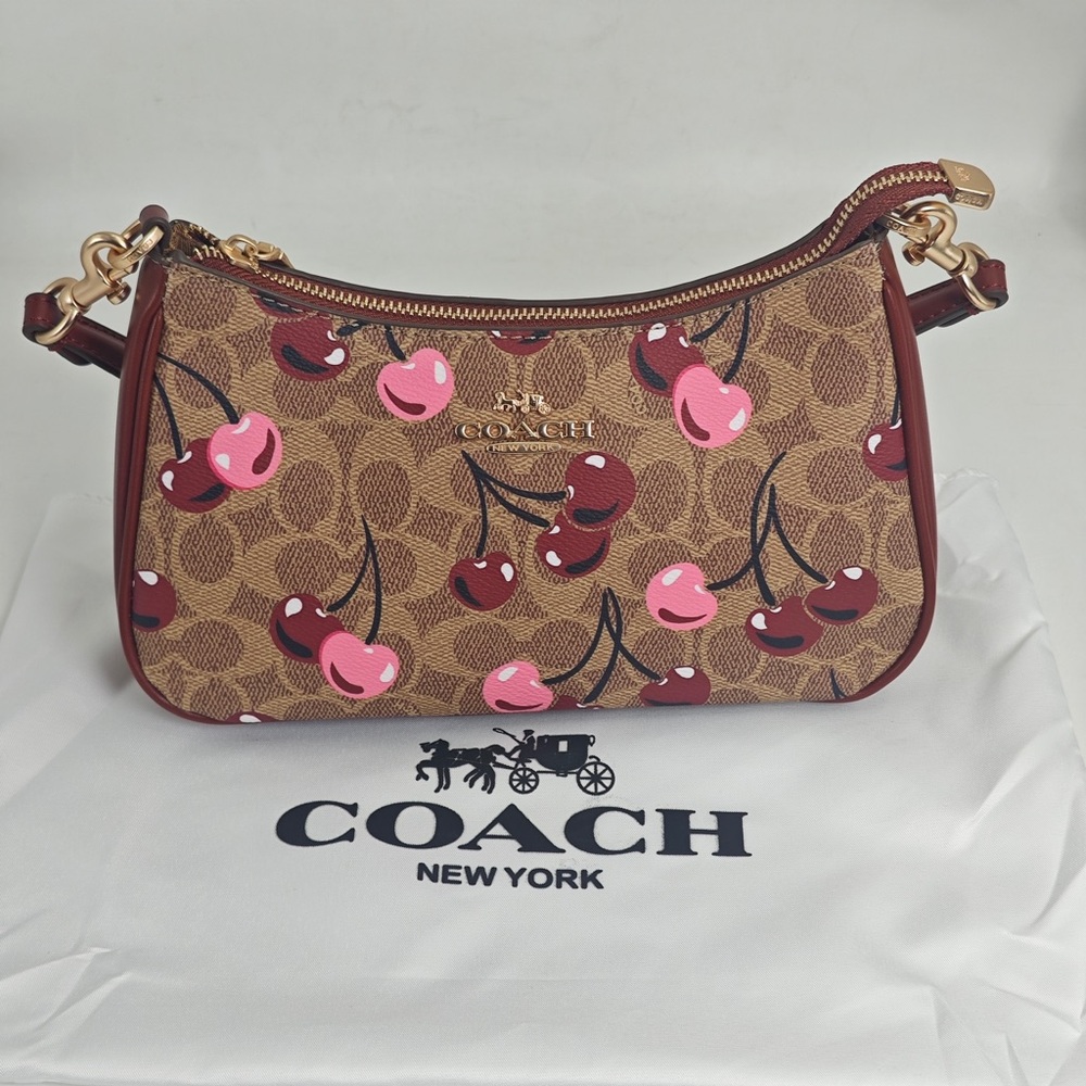 Coach Cherry Print Signature Canvas Shoulder Bag - Pink/Maroon